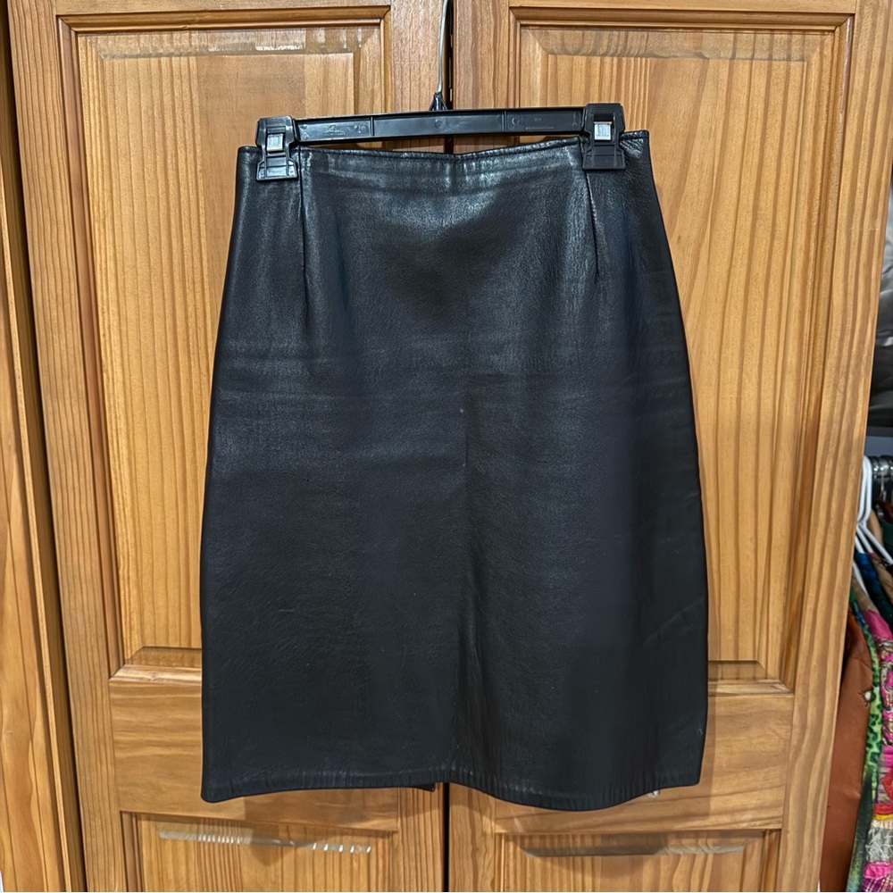 Vintage Genuine Leather Black Pencil Skirt Firenze Size 8 Santa Barbara Retro